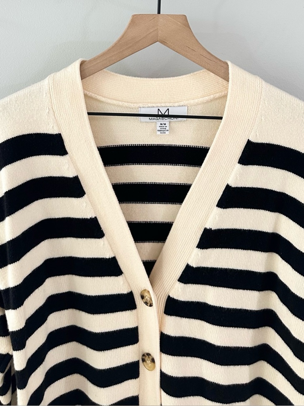 Magaschoni Women’s Stripe V-Neck Cardigan // Black & Cream // Medium - Picture 3 of 6
